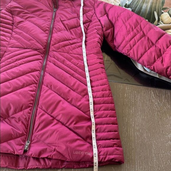 Lands' End PRIMALOFT Warm Burgundy Puffer Jacket Winter Coat Faux Fur Trim Sz M - Picture 7 of 16
